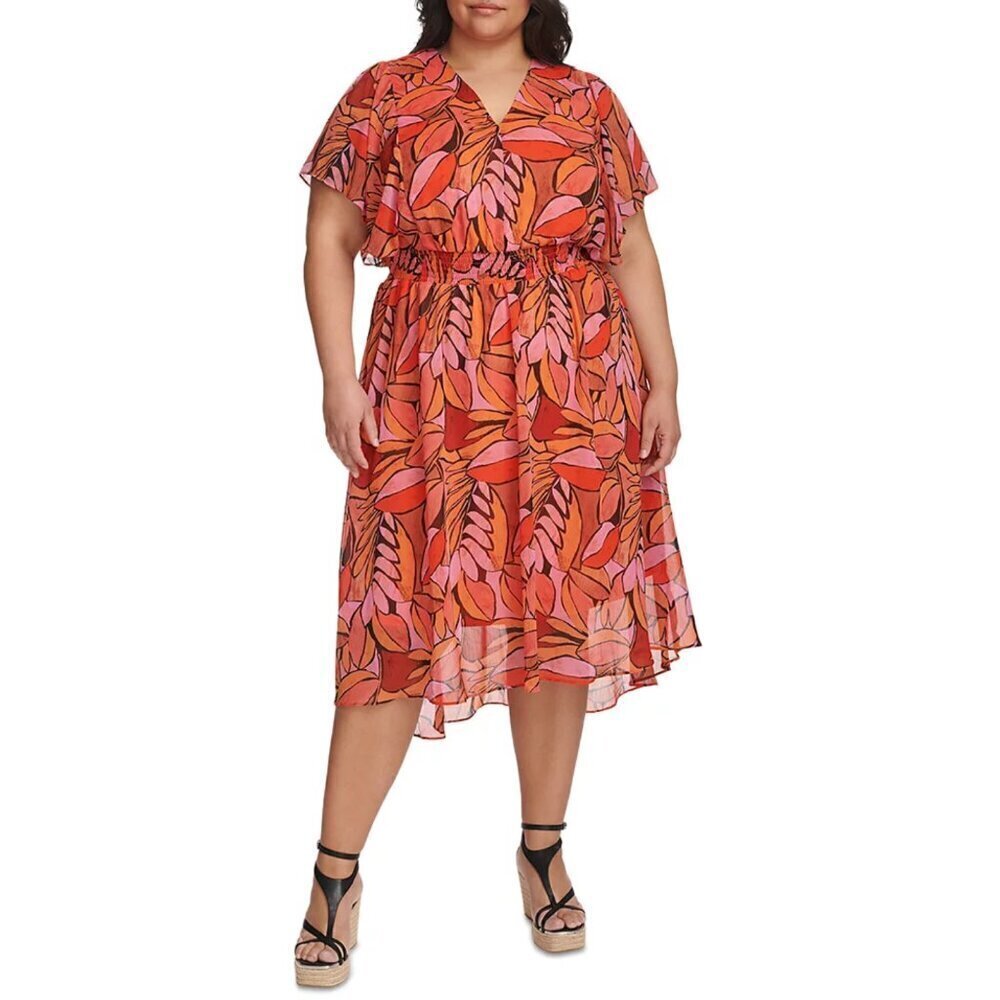 NWT DKNY Smocked Waist Leaf Pattern Print Chiffon Midi Dress
